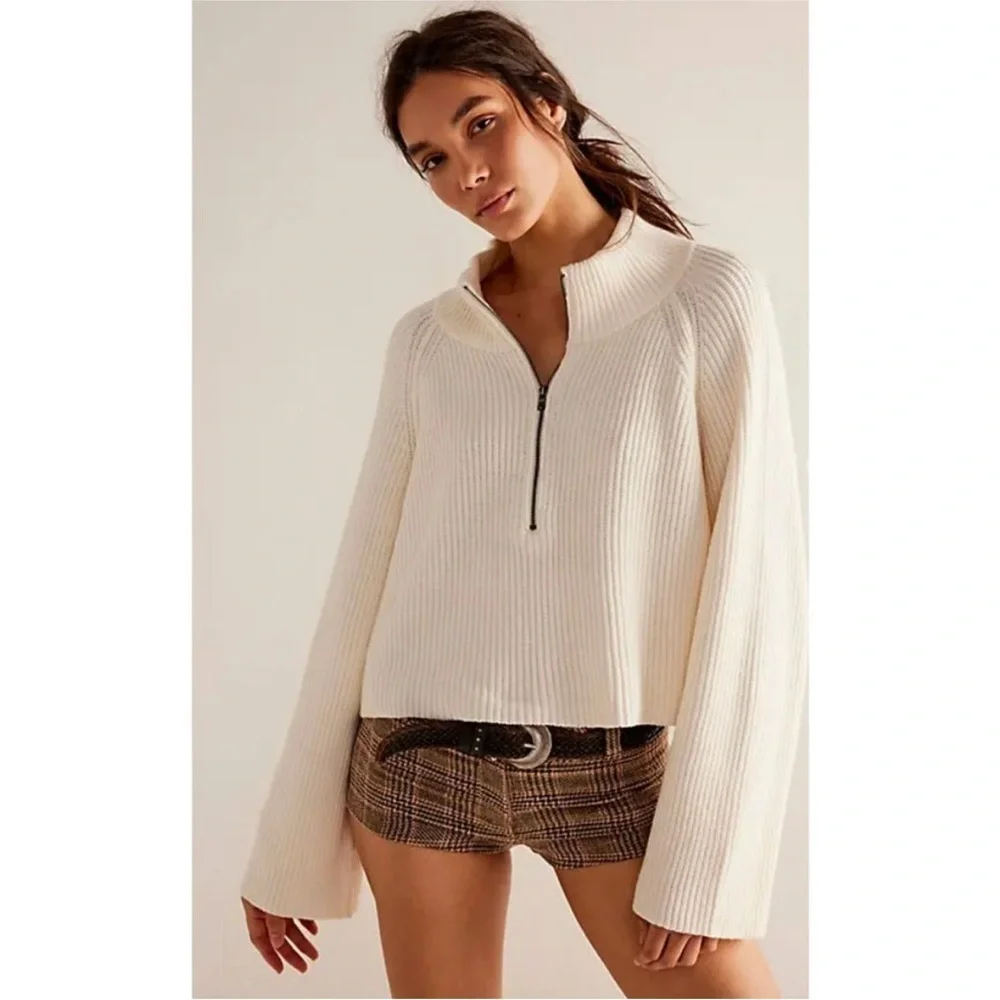 NEW Free People Sugar Ivory Greta Half Zip Pullover Sweater Sz XL NWOT